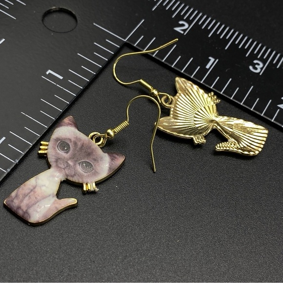 Cat Lady Earrings Boho Gray Kitty Pierced Dangle Gold Tone New - Picture 4 of 5